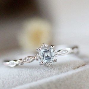 Dainty Blue Aquamarine Diamond Silver Promise Ring